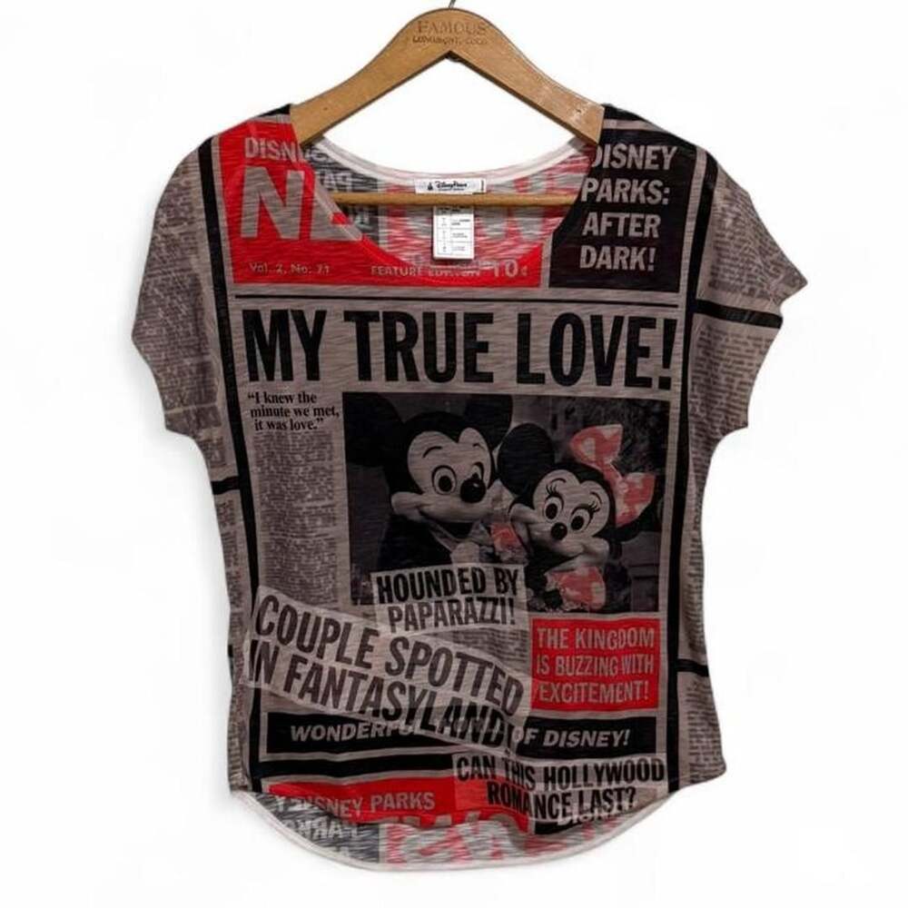 Disney Parks Newspaper Print T-Shirt Size M Mickey Mouse Graphic